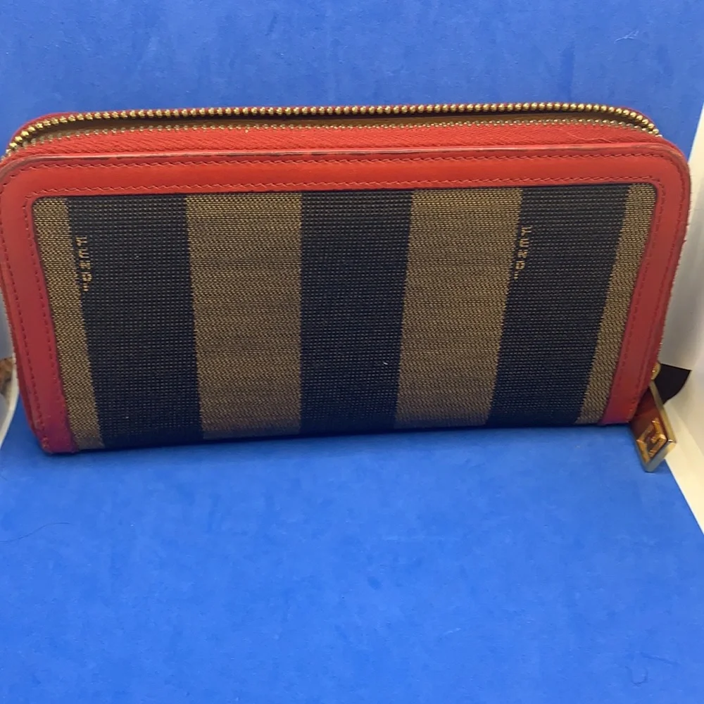 Fendi Magenta/Tobacco‎ Pequin Stripe Canvas and Zip Around Continental Wallet